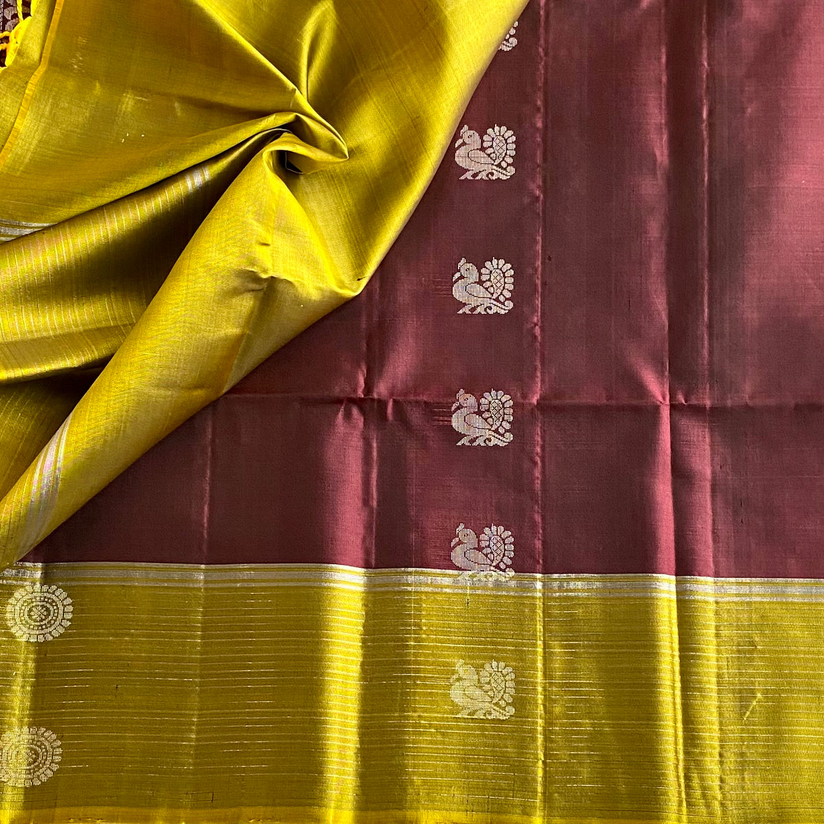 Deep Wine Maroon Designer Pure Silk Saree With Mustard Yellow Pallu