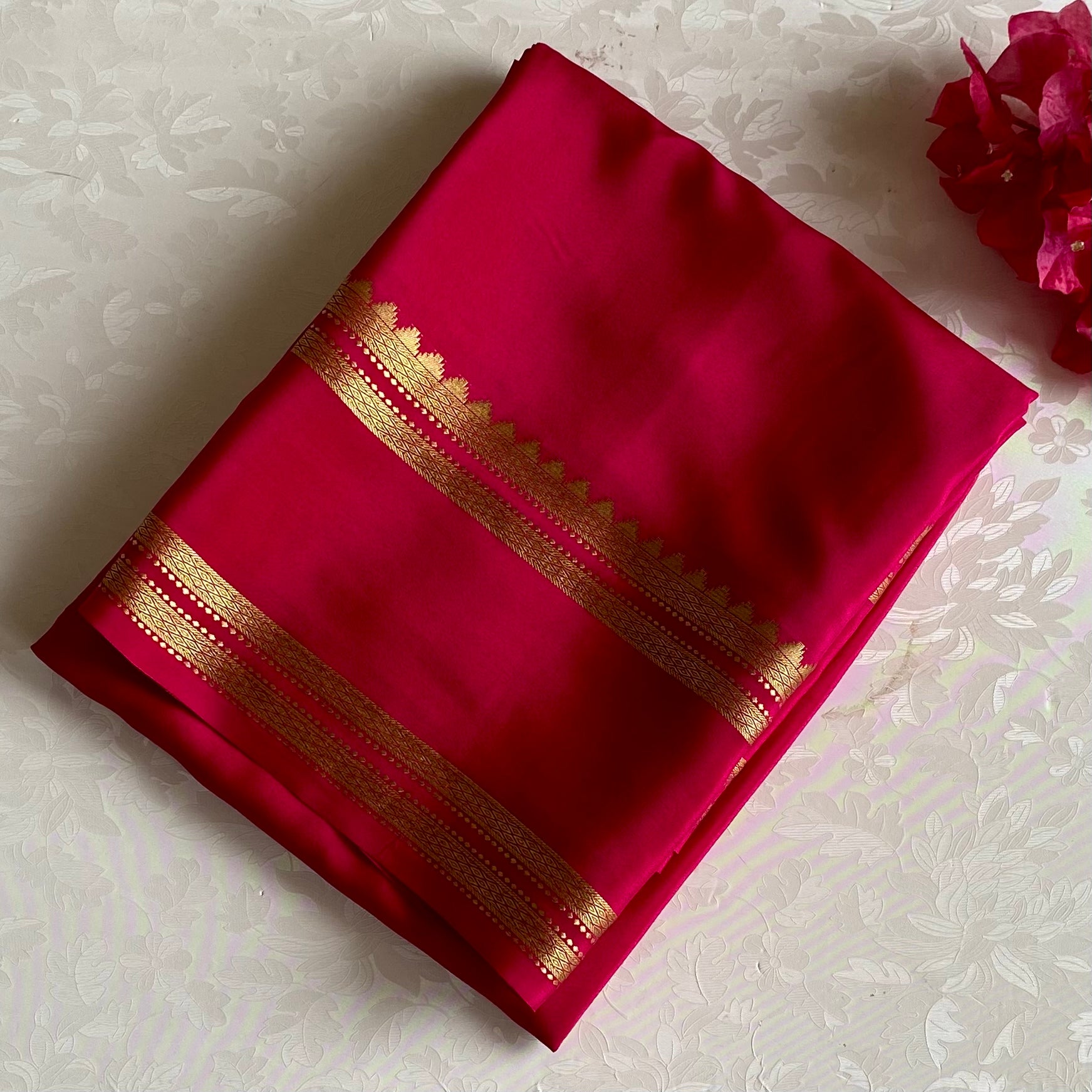 Rani pink Mysore Crepe Silk Saree With Metallic Gold Striped Border