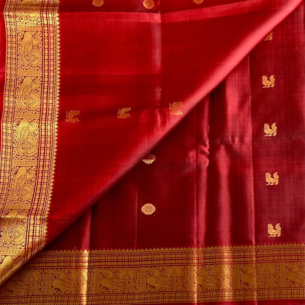 Deep Reddish Maroon Designer Pure Silk Saree With Antique Gold Zari