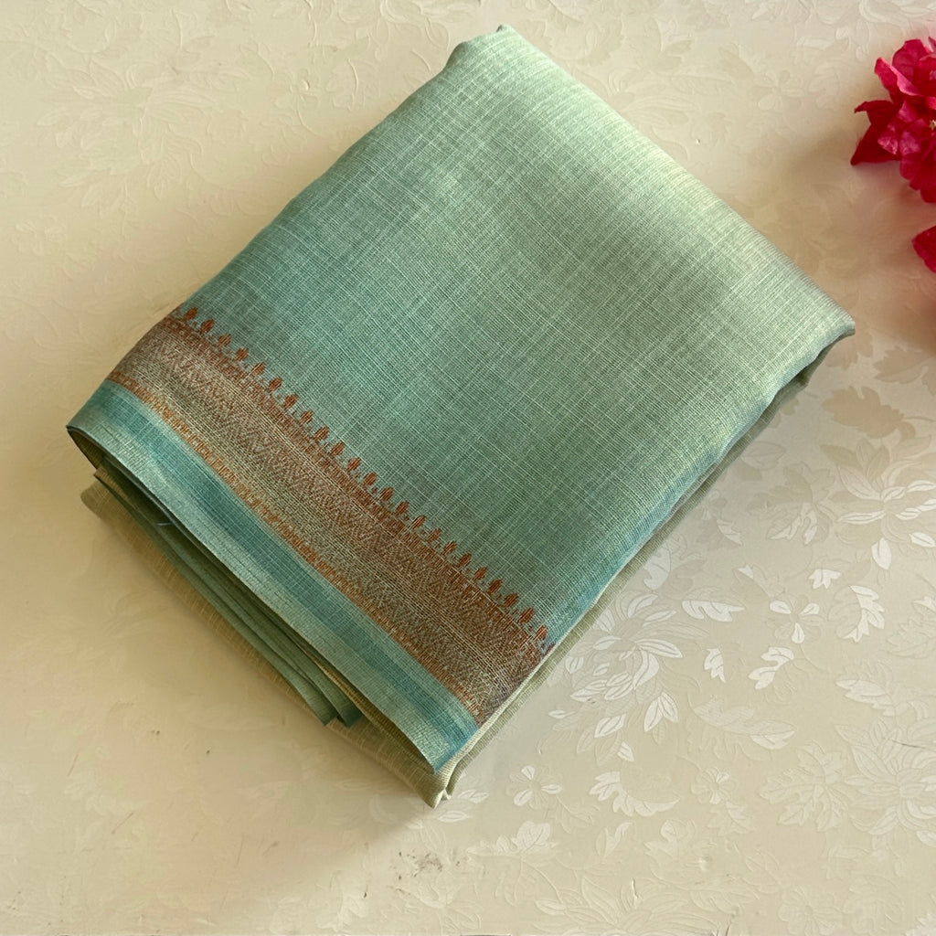 Seafoam Green Embroidered Saree with Copper Border Lightweight Floral Motif