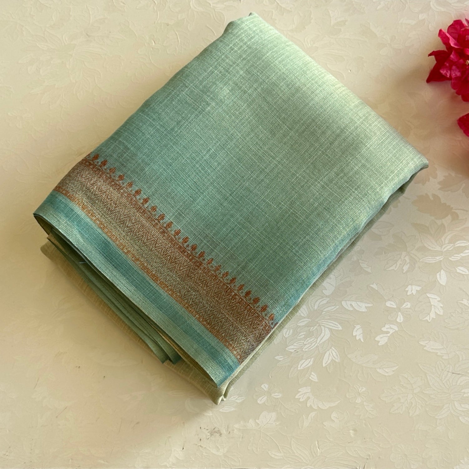 Seafoam Green Embroidered Saree with Copper Border Lightweight Floral Motif