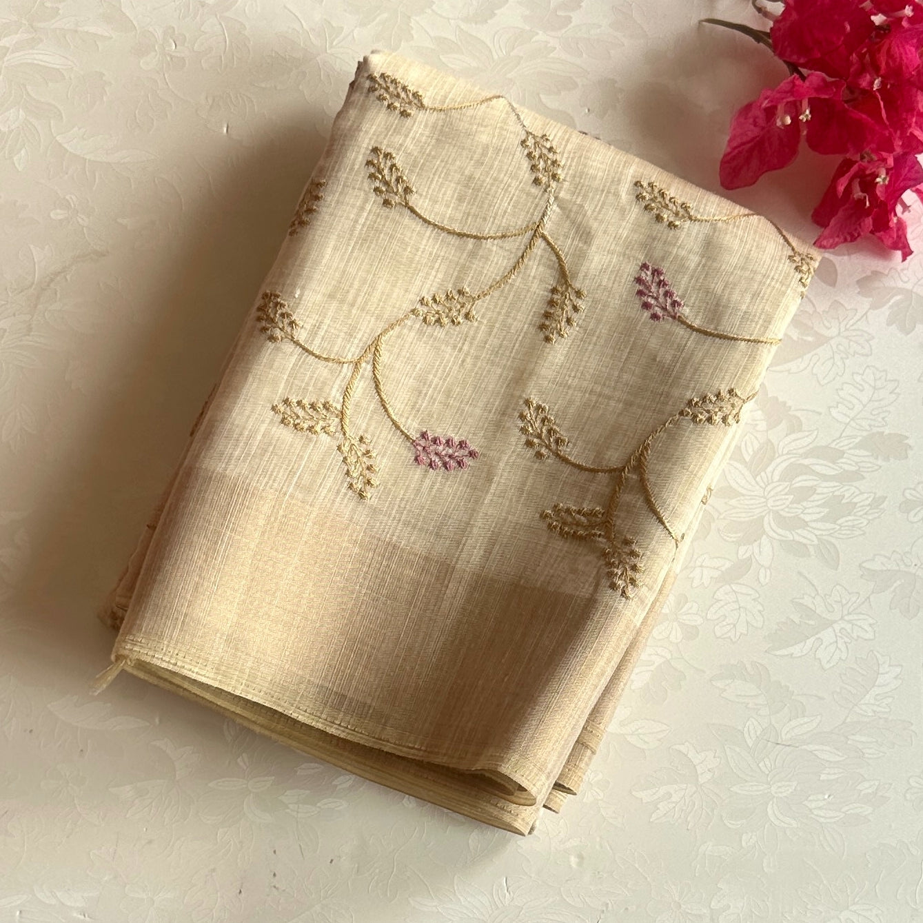 Ivory Beige Vine Embroidered Saree with Gold Zari and Mauve Accents
