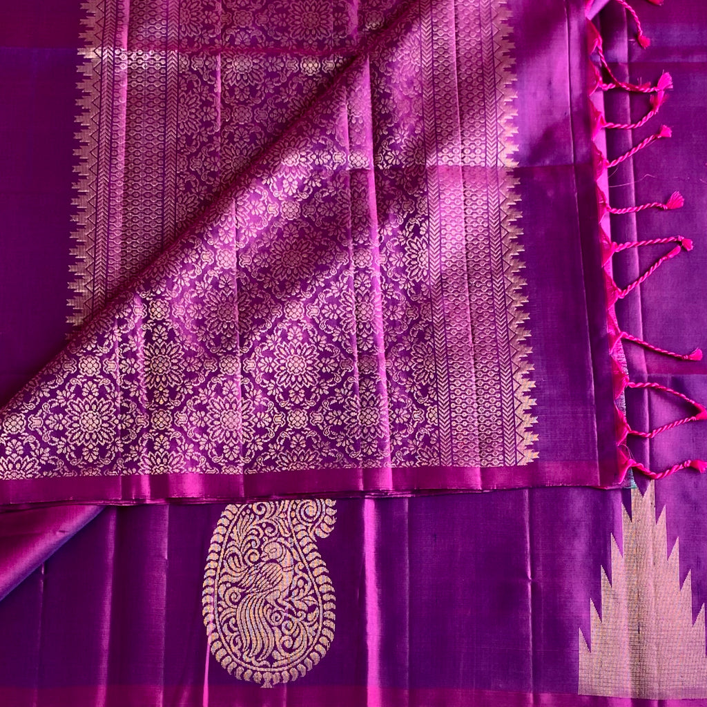 Rich Dual Shaded Magenta Designer Pure Silk With temple & mango borders