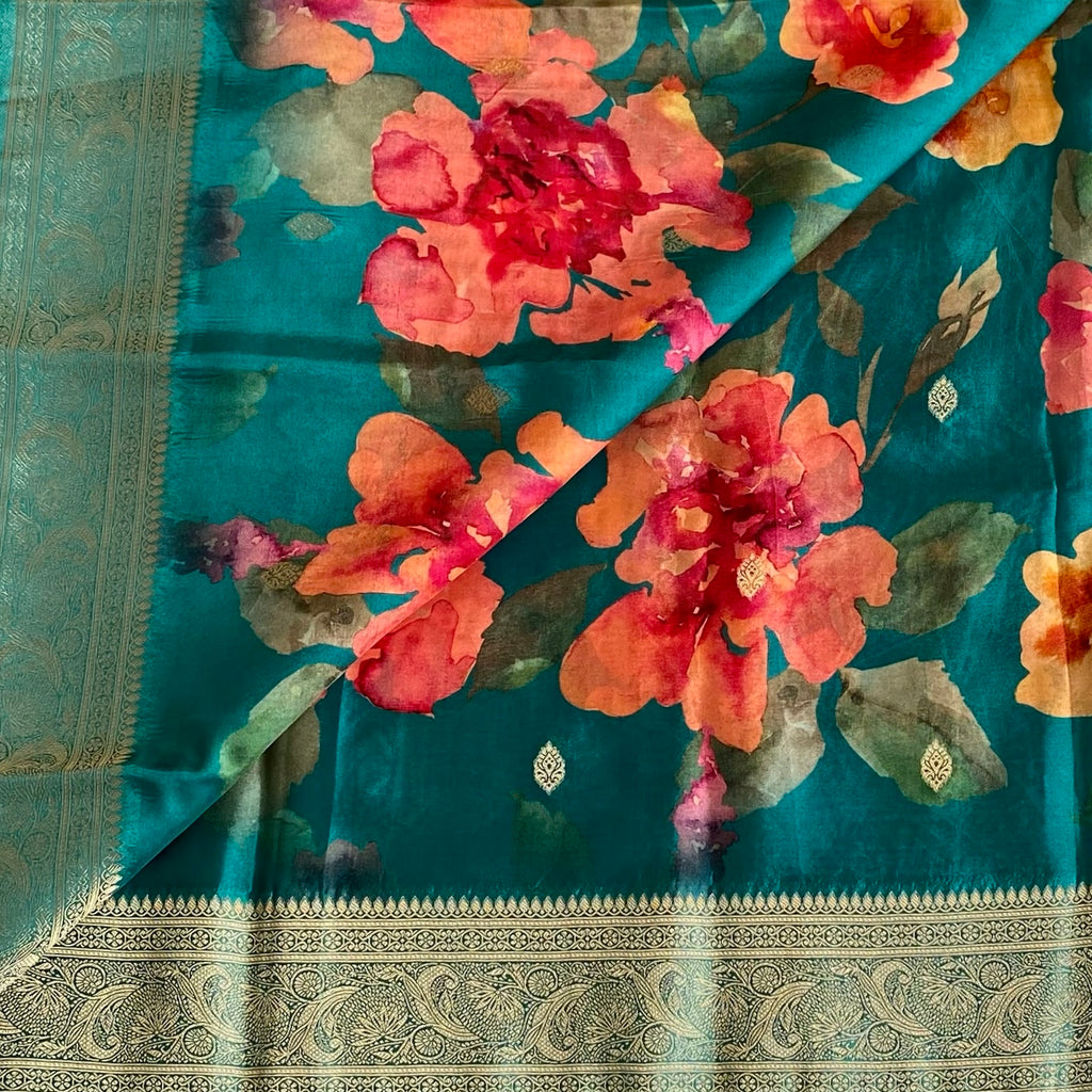 Teal Blue Soft Jute Silk Saree With Rani Pink Floral Pallu