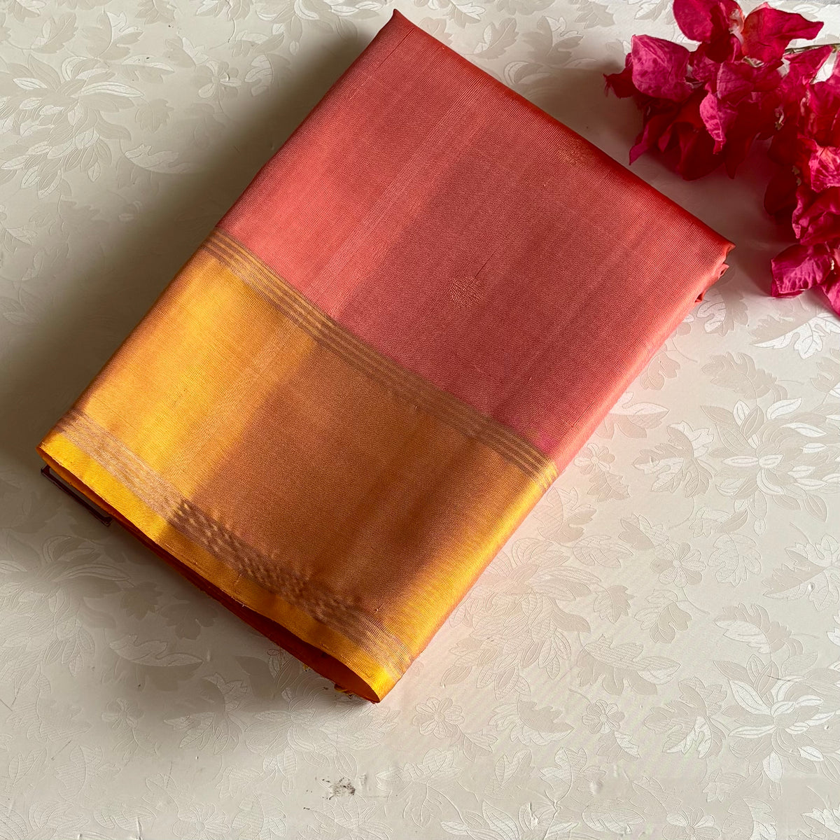 Dusty Peachish Rose Designer Pure Silk Saree With Mustard Yellow Pallu