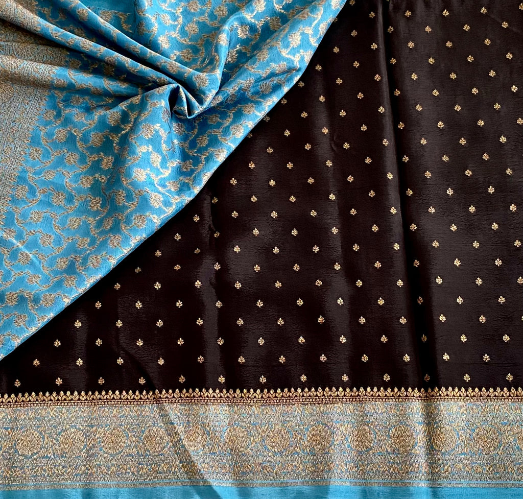 Gorgeous Black Banarasi Crepe Silk Saree With Turquoise Blue Border