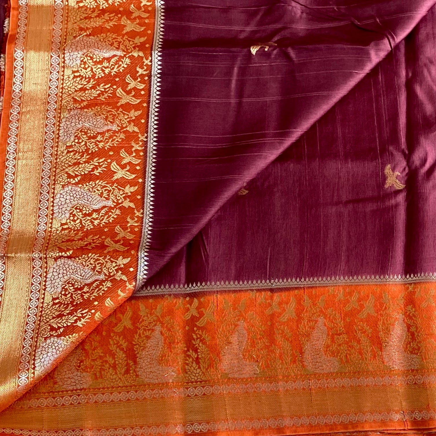 Deep Wine Maroon Soft Tussar Silk Saree With Saffron Orange Pallu