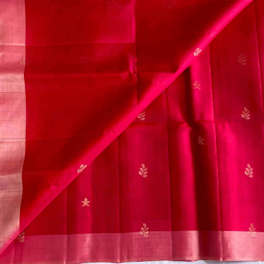 Rani Pinkish Red Designer Pure Silk Saree With Peach Pallu