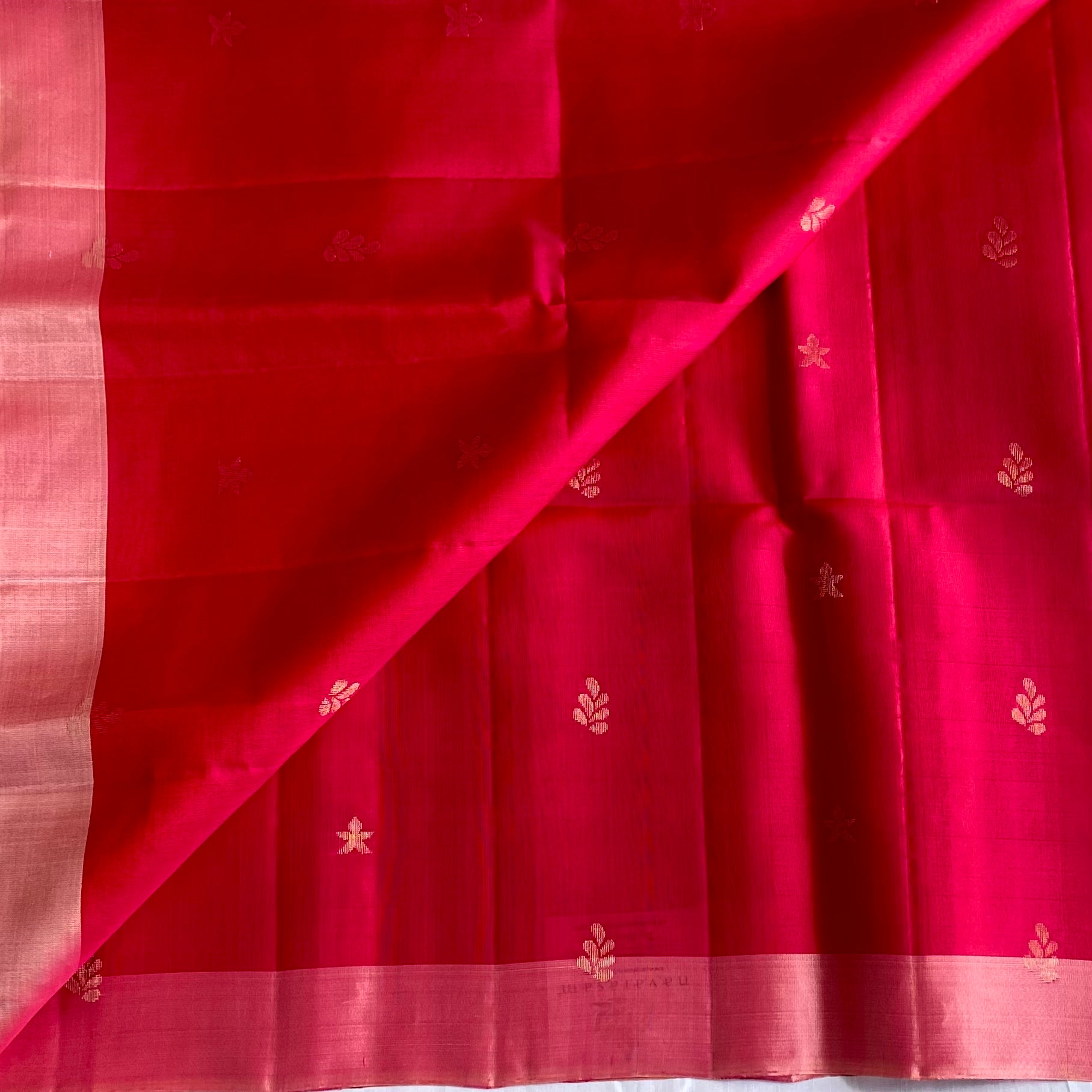 Rani Pinkish Red Designer Pure Silk Saree With Peach Pallu