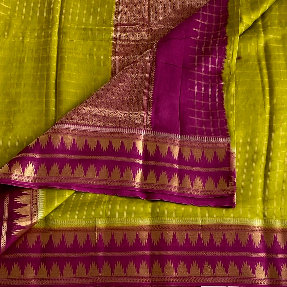 Lime Green Soft Tussar Silk Saree With Magenta Pallu And Gold Border