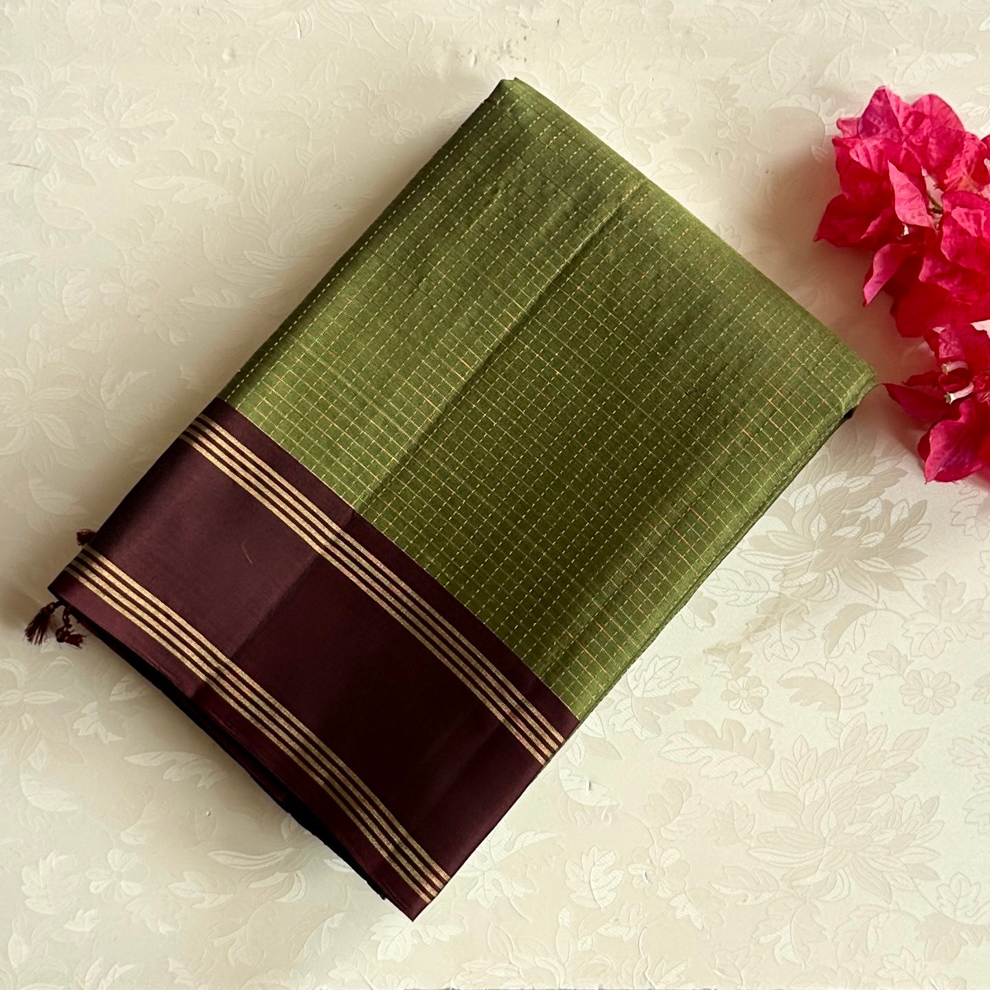 Rare Olive Beauty with checkered Wine maroon handwoven pure silk stunner