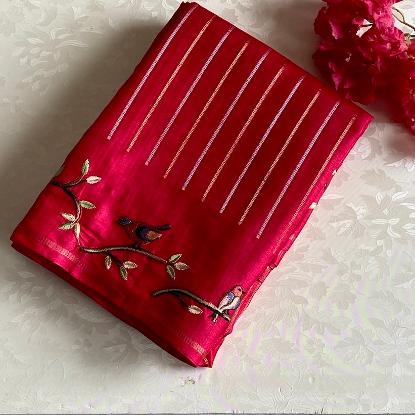 Rani Pink Soft Tussar With Stripes & Designer Embroidered Borders