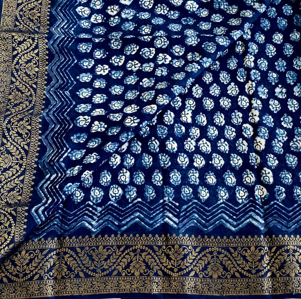 Ajrakh Handblock Printed Silk Navy Blue Saree With Metallic Gold Pallu