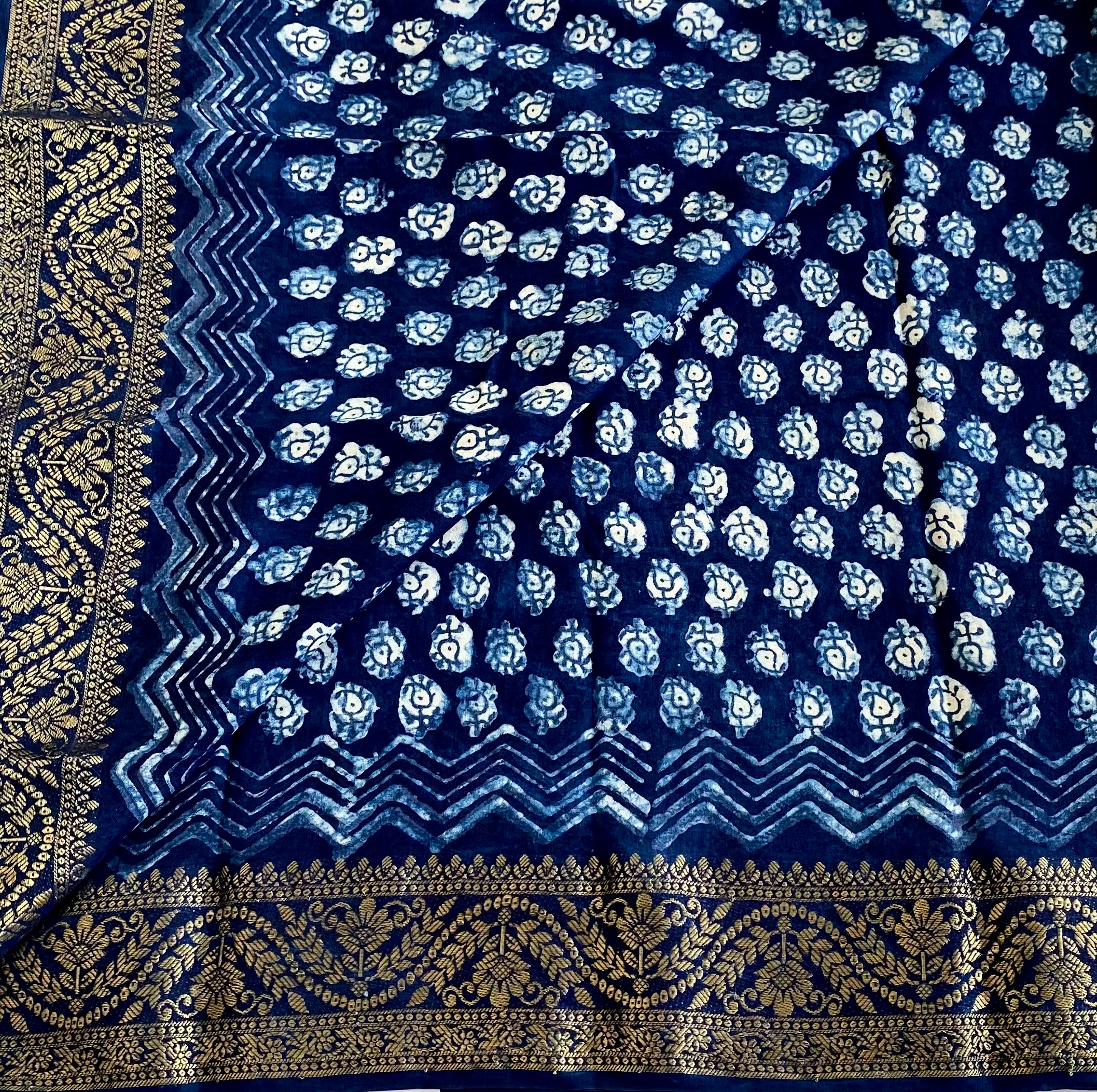 Ajrakh Handblock Printed Silk Navy Blue Saree With Metallic Gold Pallu