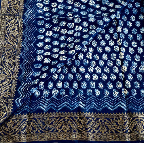 Ajrakh Handblock Printed Silk Navy Blue Saree With Metallic Gold Pallu