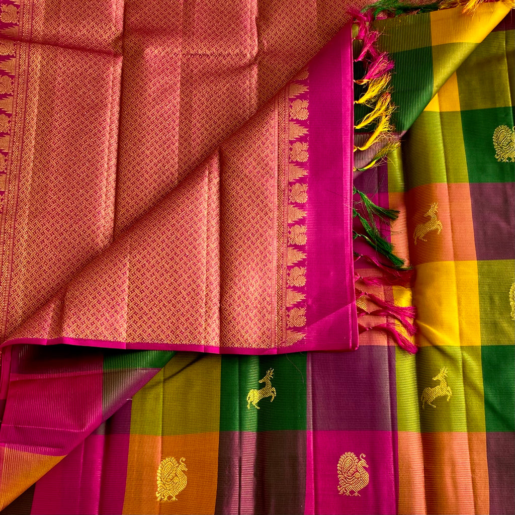 Designer Multi-Checkered Kanjeevaram Pure Zari Silk Rani Pink Intricate Pallu