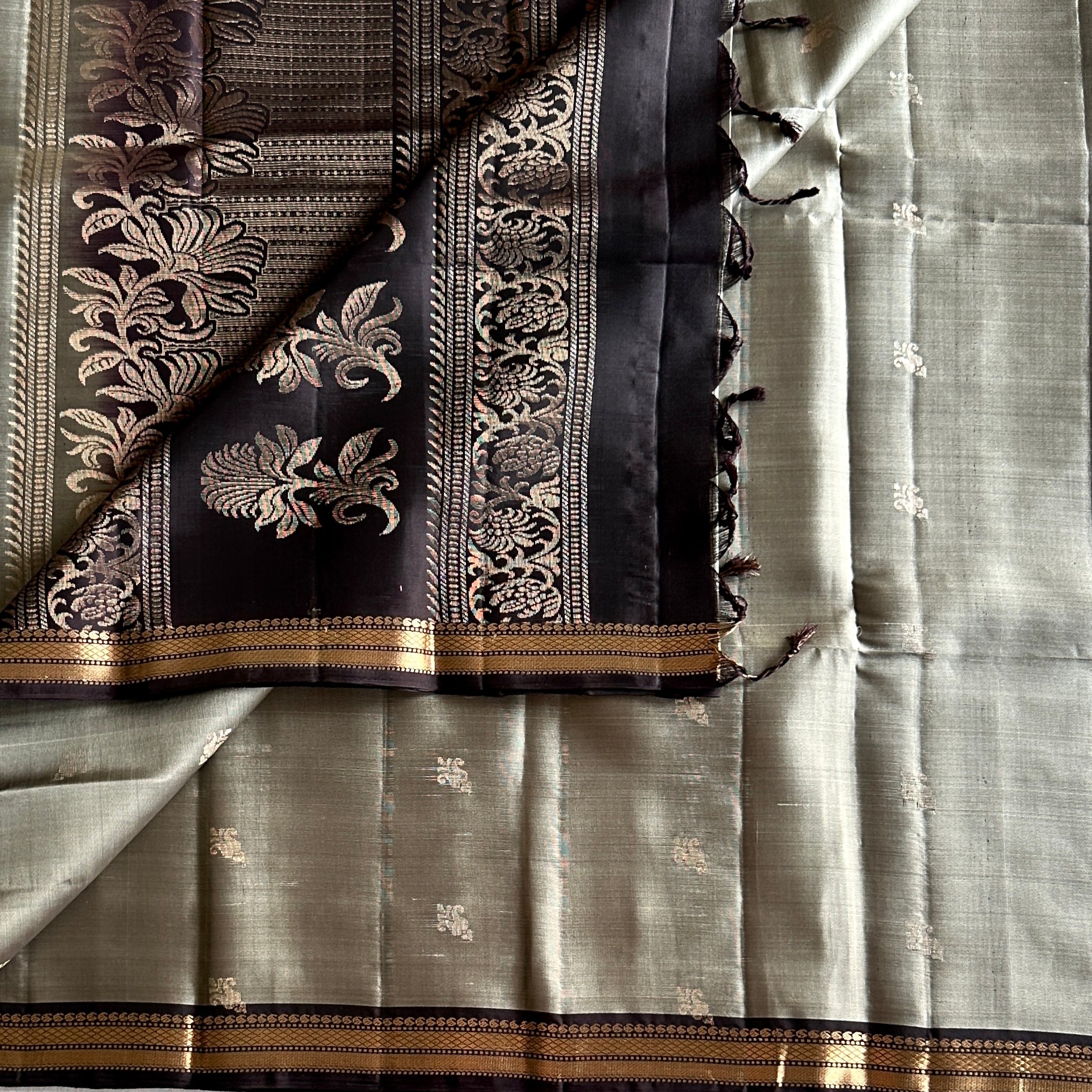 Sage greenish grey  Silk Saree Dark Brown Pallu antique Zari Border