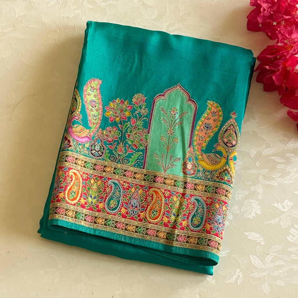Teal Silk Saree Gold Zari Paisley Floral Border Festive Wedding