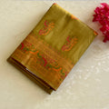 Traditional Olive Green Silk Paisley Saree Gold Zari Floral Border
