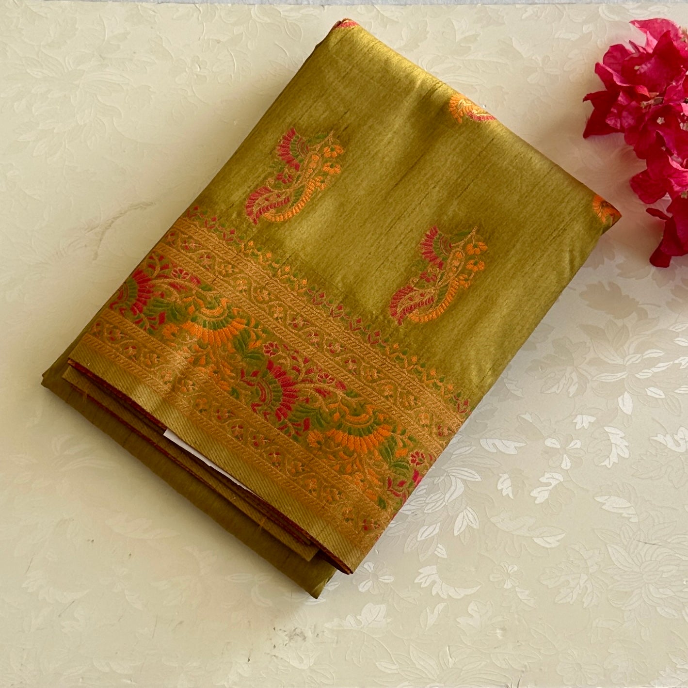 Traditional Olive Green Silk Paisley Saree Gold Zari Floral Border