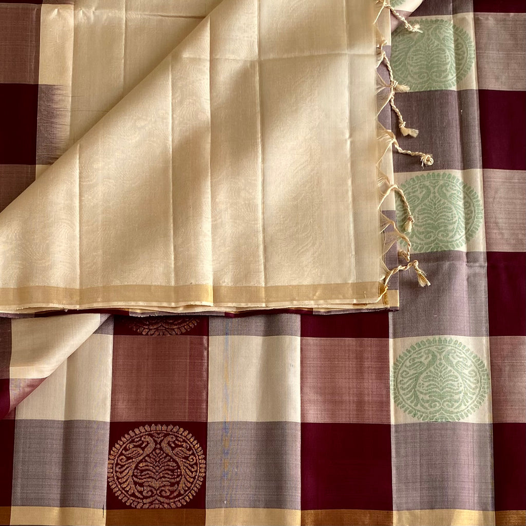 Cream Beige Designer Pure Silk Saree With Deep Maroon Checks