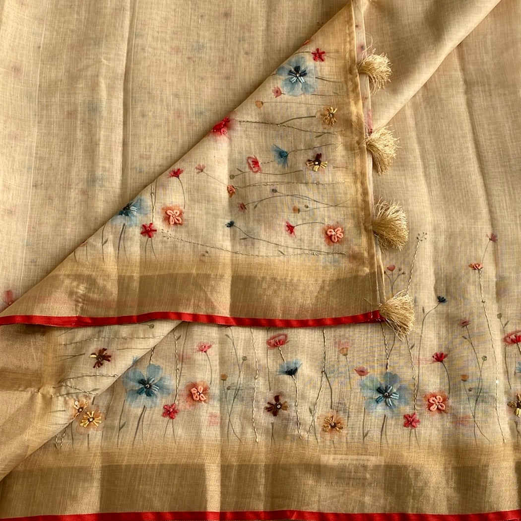 Golden Beige Soft Linen Saree With Scarlet Red Border