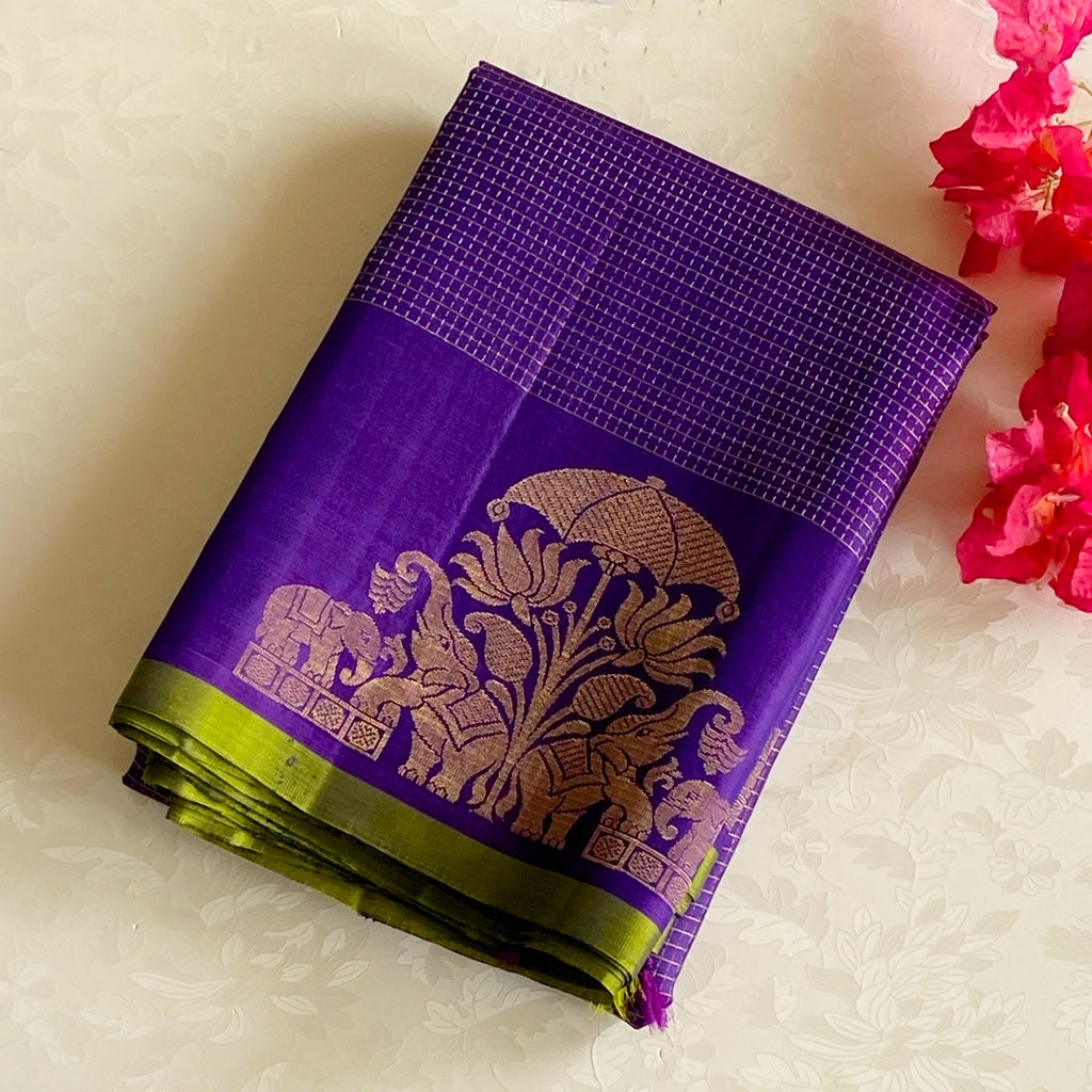 Royal Purple Silk Saree Rose Gold Zari Elephant Border Traditional