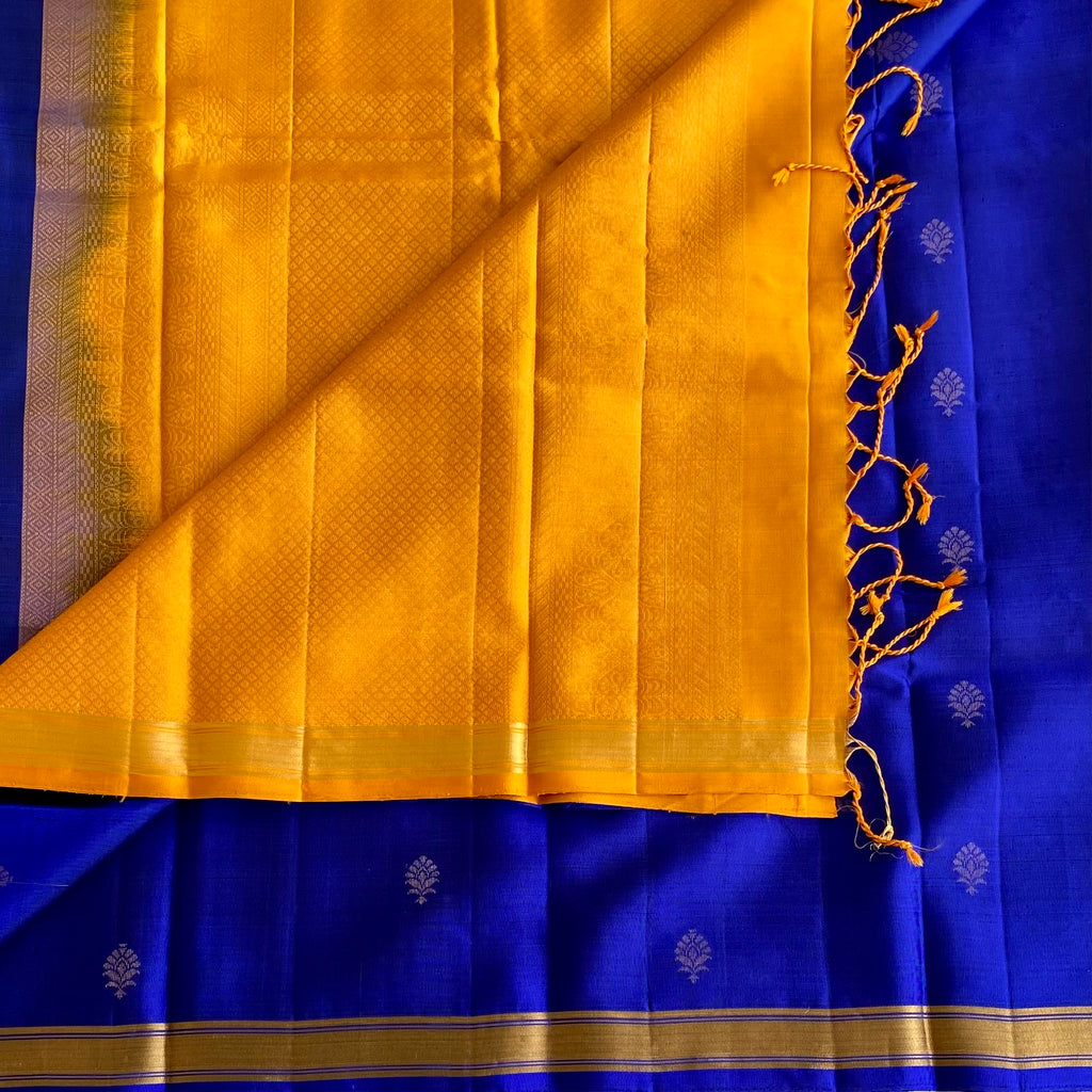 Deep Royal Blue Designer Pure Silk Saree With Rich Golden Yellow Pallu