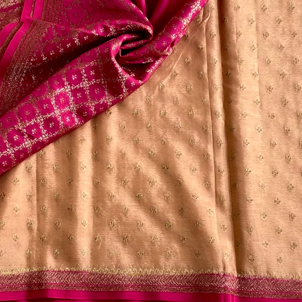 Peach Beige Banarasi Crepe Silk Saree With Rani Pink Pallu