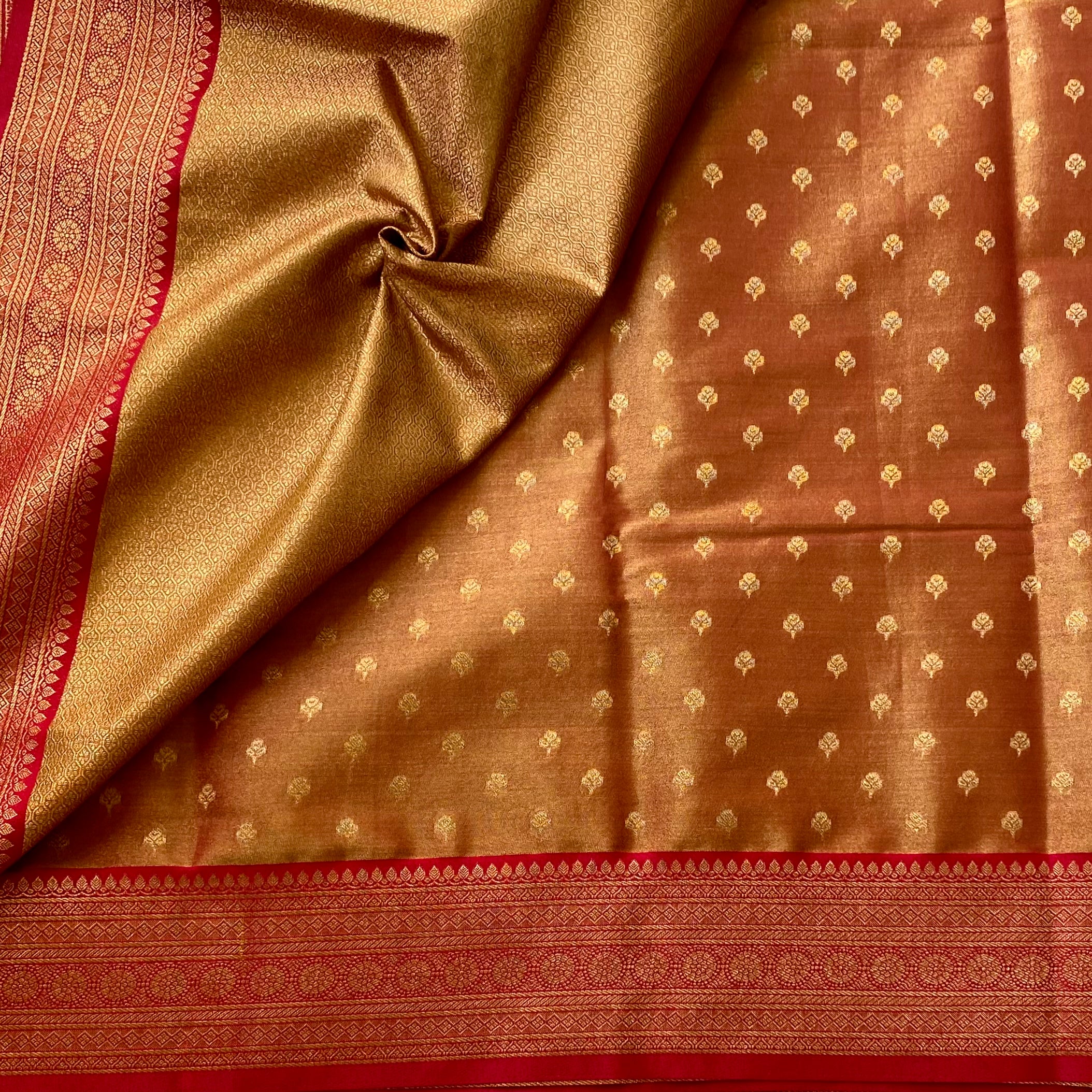 Rust Orange Silk Saree Gold Buti Magenta Brocade Border