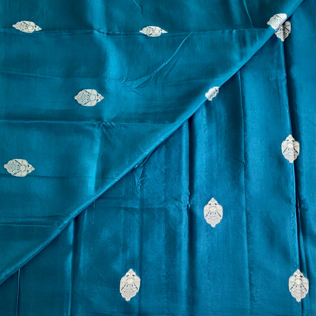 Teal Blue Soft Crepe Silk Saree With Antique Brocade Pallu