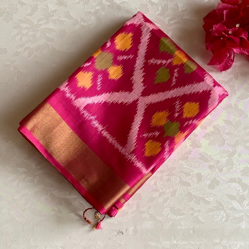 Rani Pink Designer Ikkat Pure Silk Saree With Mustard Yellow And Gold Border