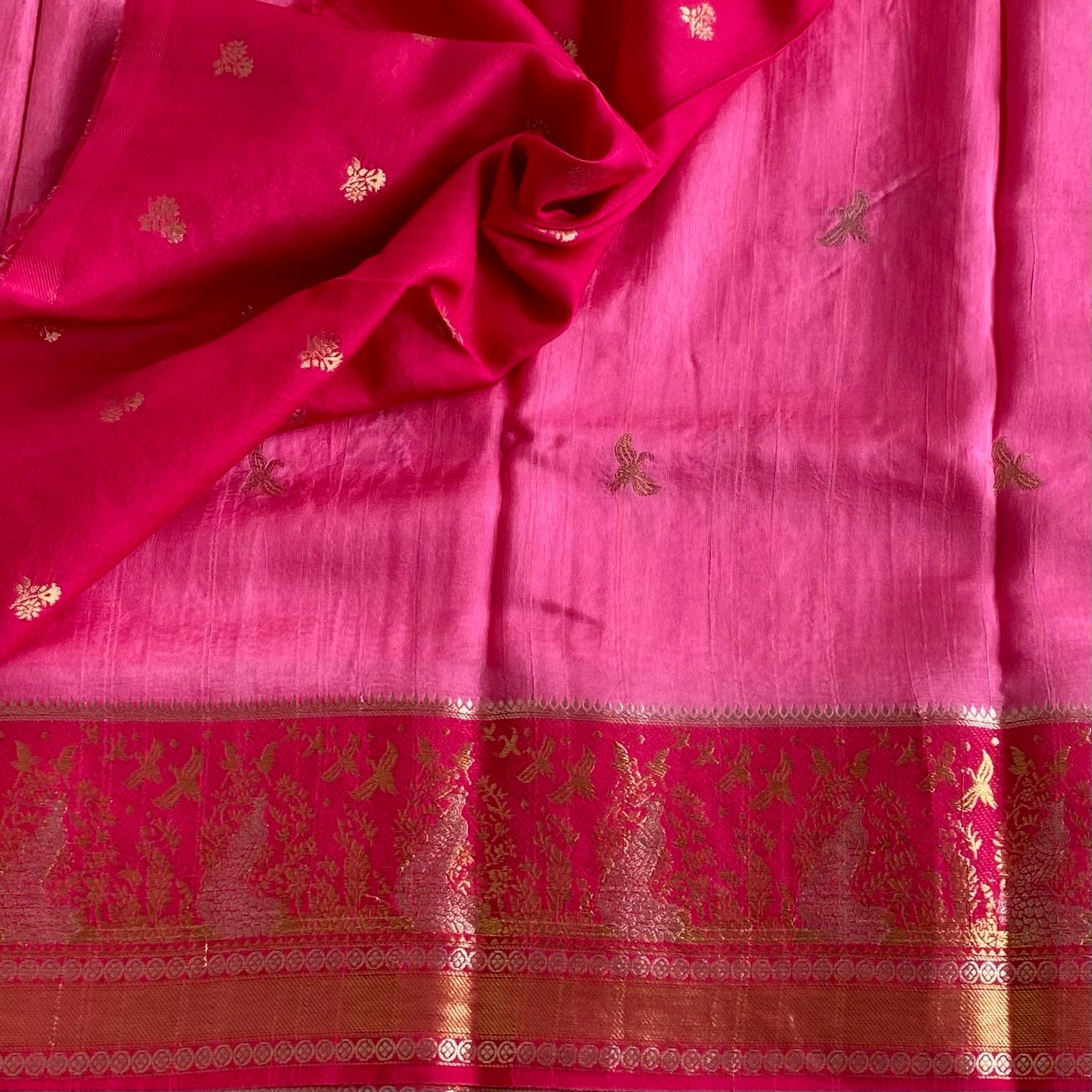 Deep Pink With Rani Pink Soft Tussar Silk Saree With Gold Zari Border