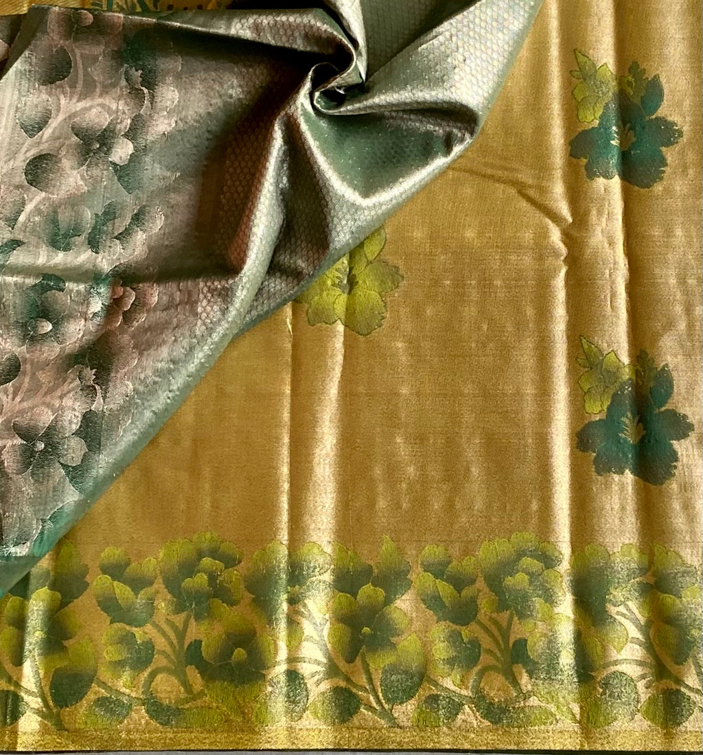 Champagne Gold Teal Paisley Silk Saree With Floral Zari Border