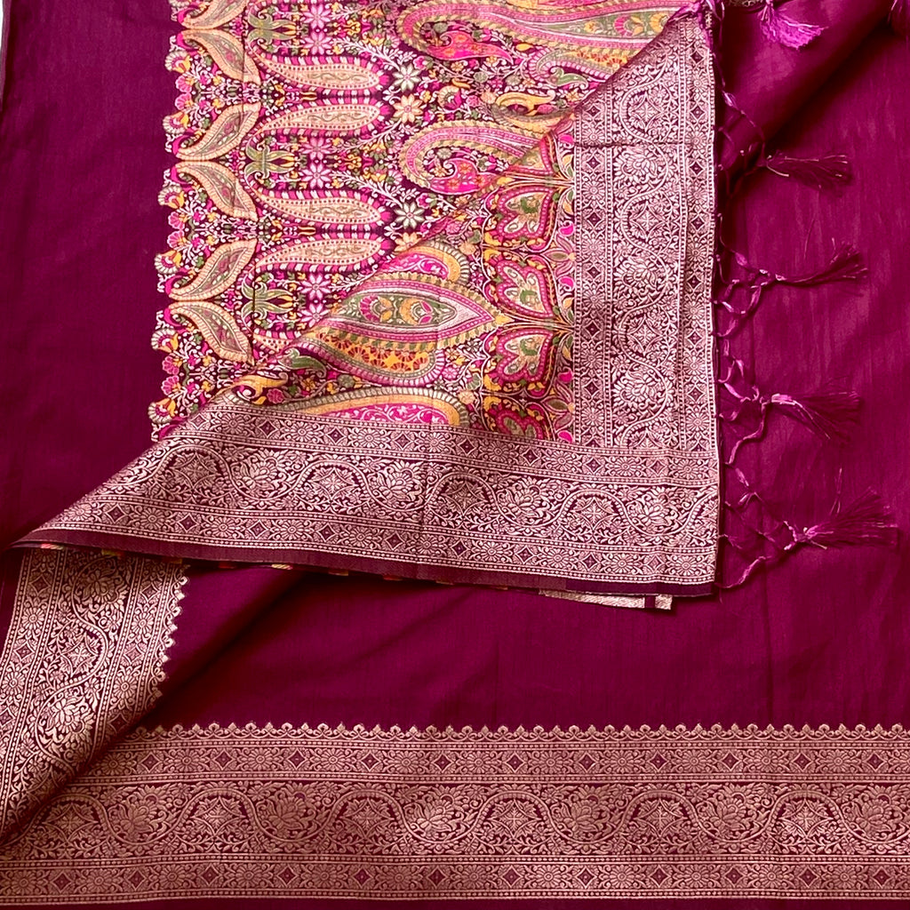 Plum soft tussar with rich Paisley Pallu and woven blouse