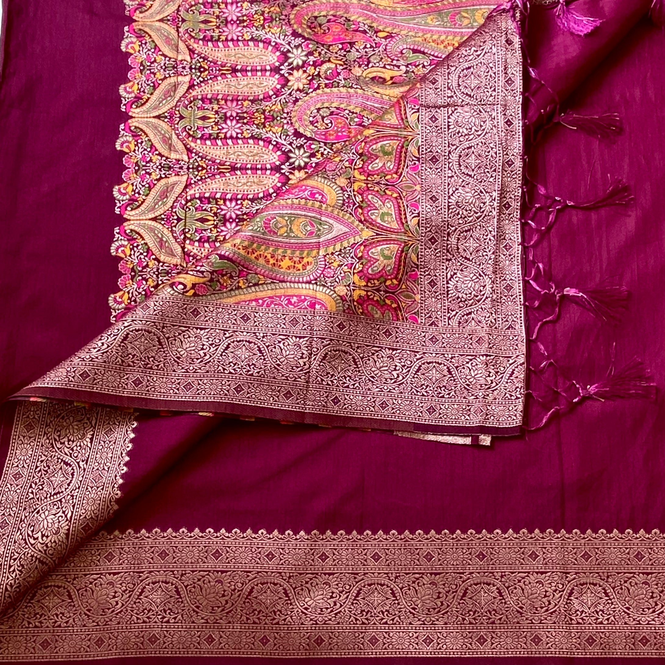 Plum soft tussar with rich Paisley Pallu and woven blouse