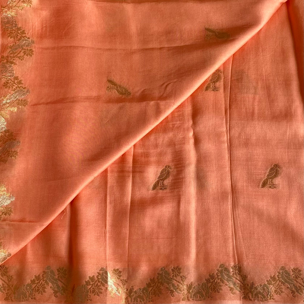 Salmon Pink Saree Gold Bird Motifs Floral Zari Border
