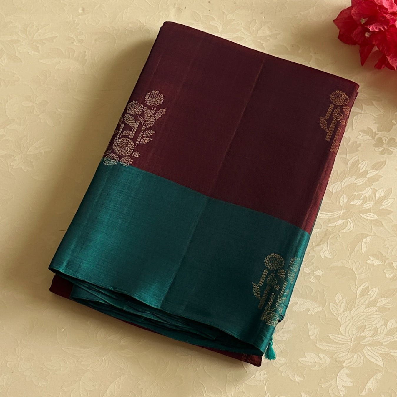 Deep Wine Maroon with Turquoise Silk Saree Silver Brocade Floral Geometric Weave Traditional
