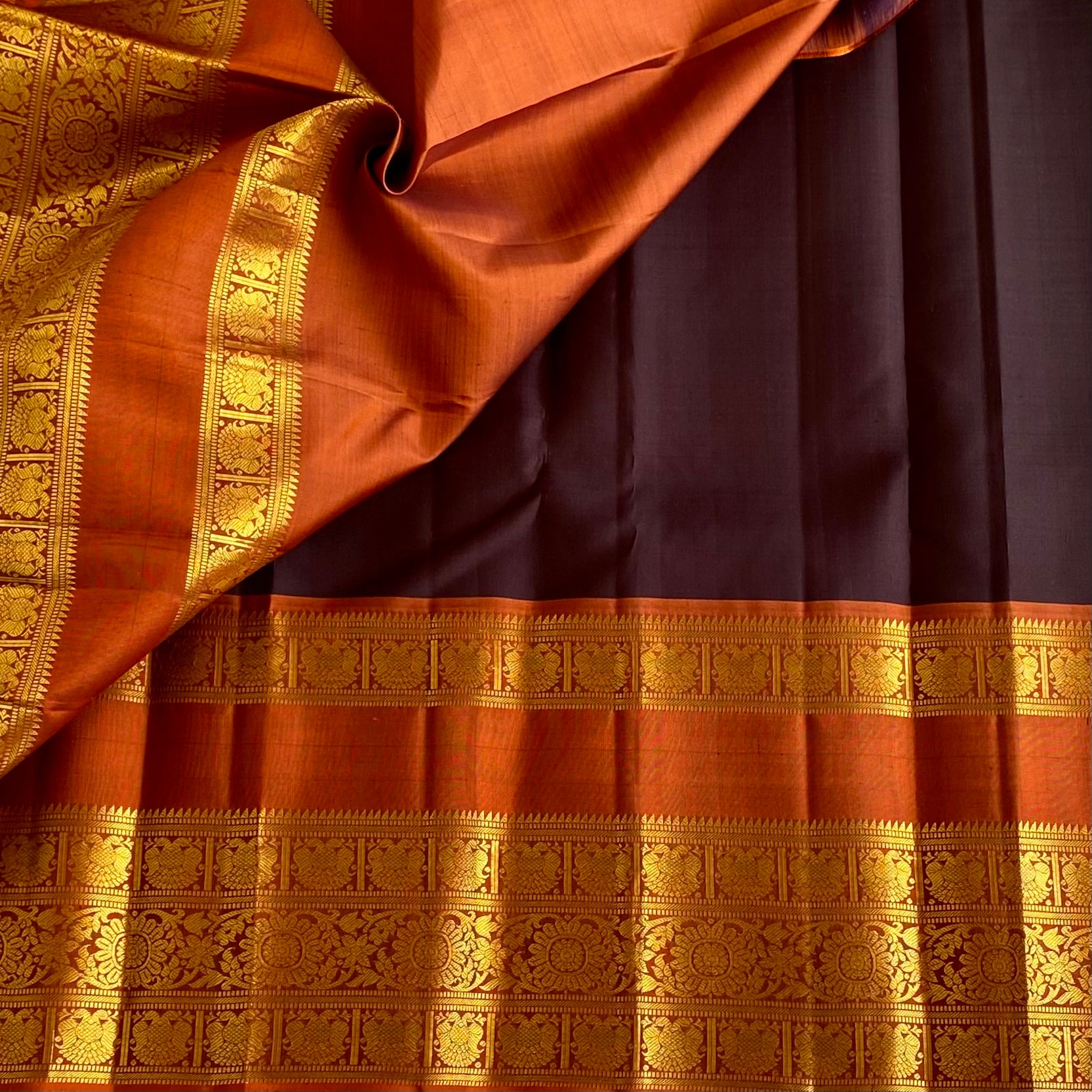 Espresso Brown With Rich Rust Stunner Pure Zari Kanjeevaram Silk