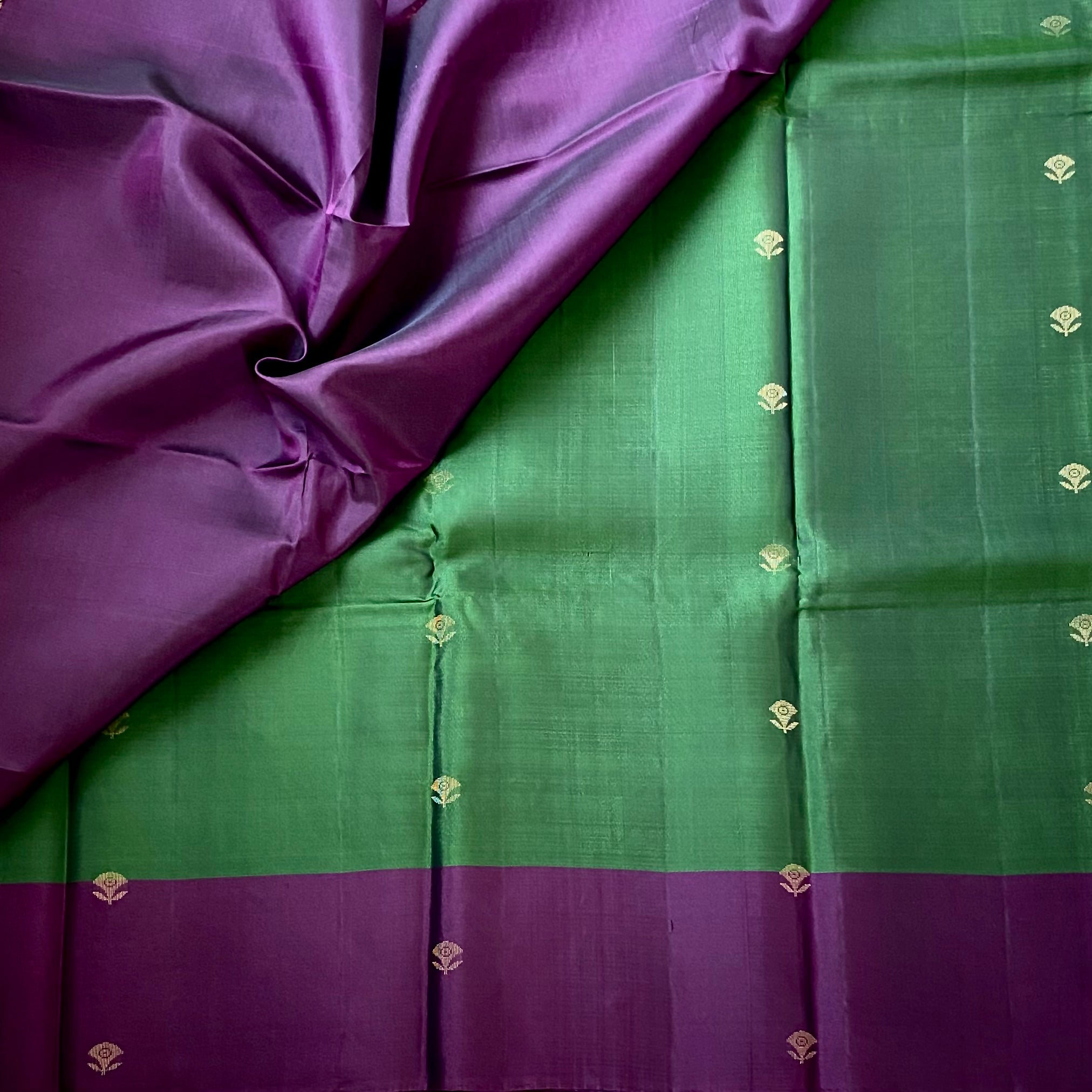 Emerald Green Purple Silk Saree Gold Brocade Floral Buttas Traditional