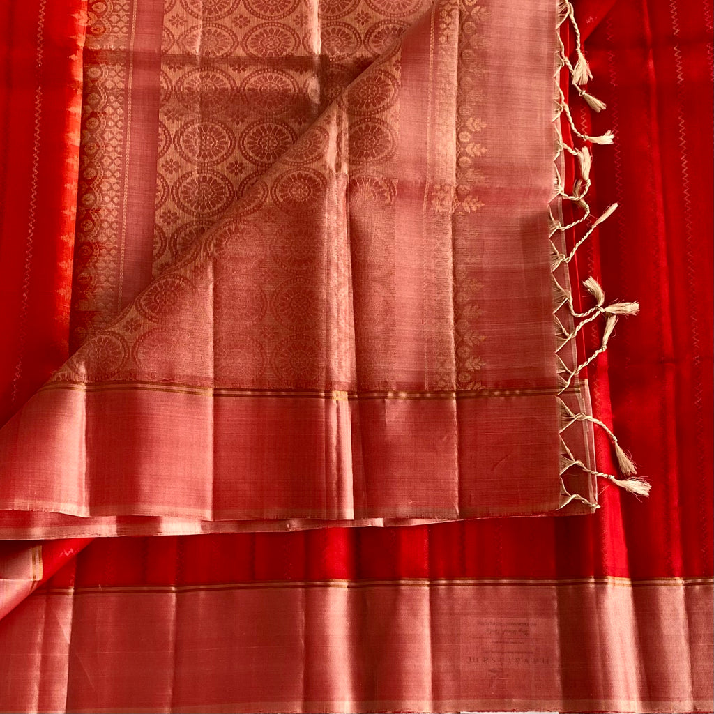 Scarlet Red Designer Pure Silk Saree With Rose Gold Pallu