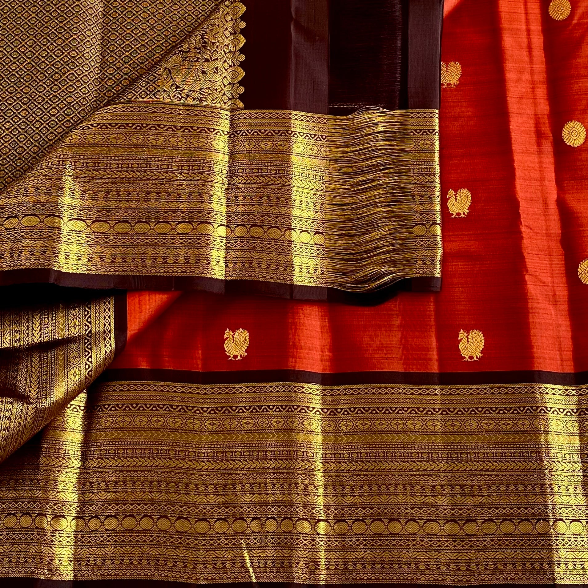 Scarlet Rust Kanjeevaram Pure Zari Silk Saree With Wine Brown Pallu