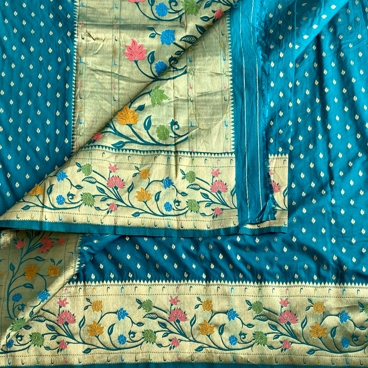 Teal Blue Soft Crepe Silk Saree With Antique Gold Pallu