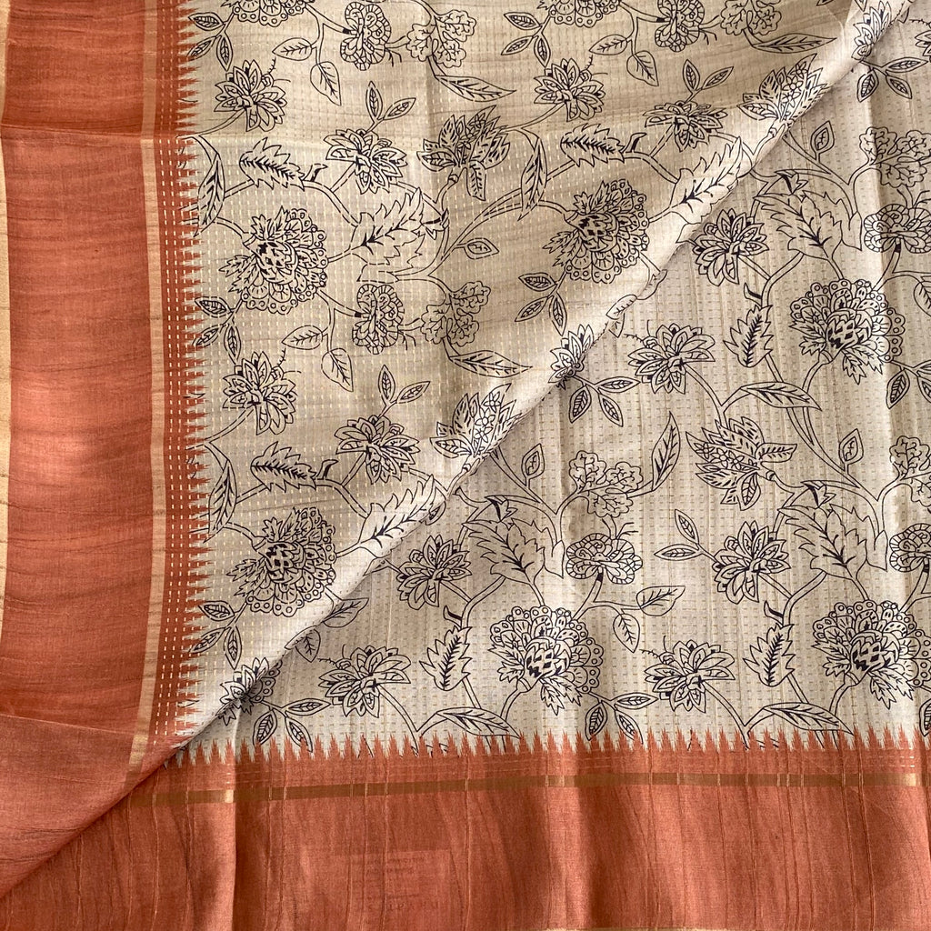 Ecru Beige & Terracotta Soft Tussar Silk Saree With Floral Weave