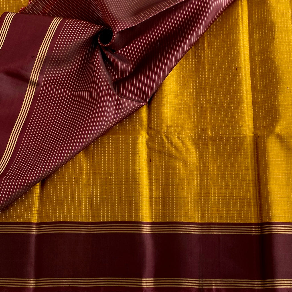Mustard Yellow Designer Micro-checks Pure Silk With Wine Brown Pallu