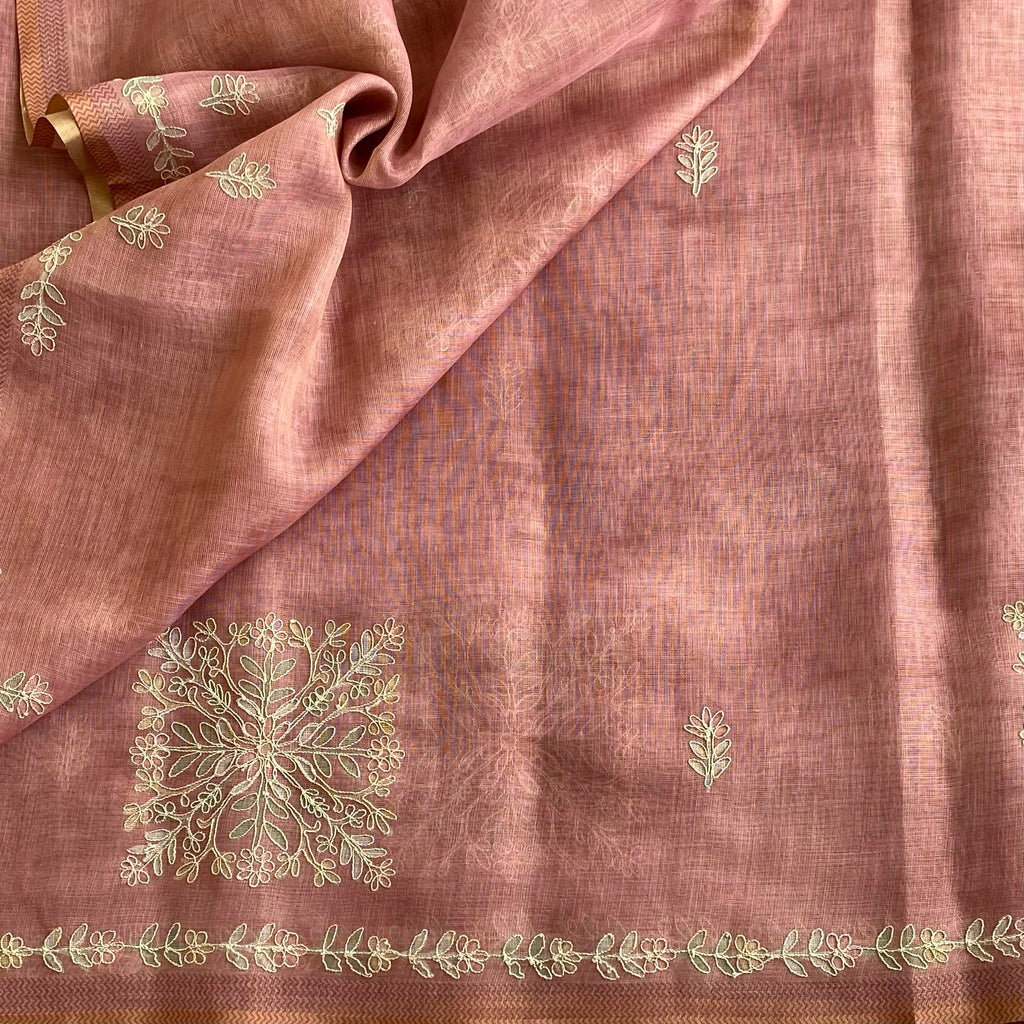 Dusty Rose Soft Tussar Silk Saree With Pale Gold Embroidery