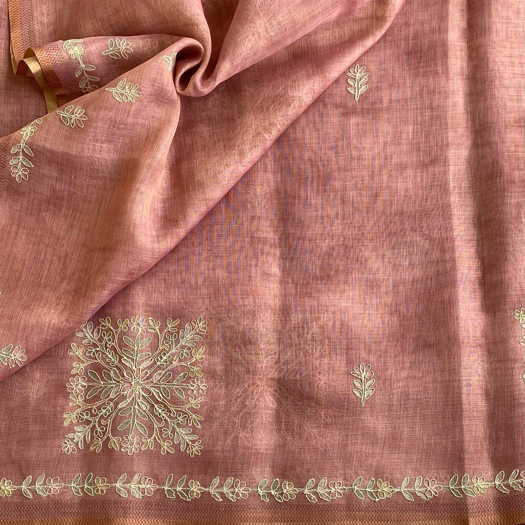 Dusty Rose Soft Tussar Silk Saree With Pale Gold Embroidery
