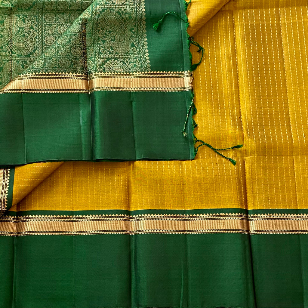 Rich Golden Mustard Designer Pure Silk With Bottle Green Borders