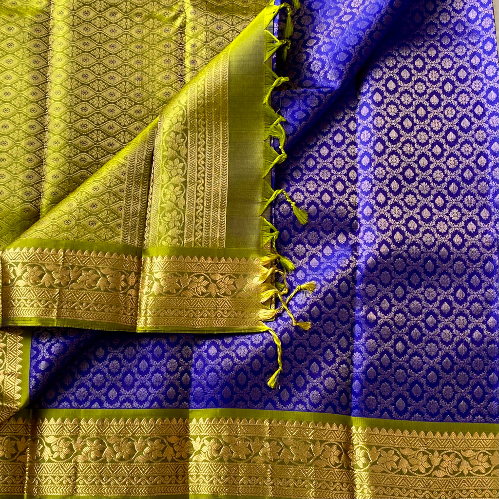 Lime Green Silk Saree Gold Zari Royal Blue Pallu Contrast
