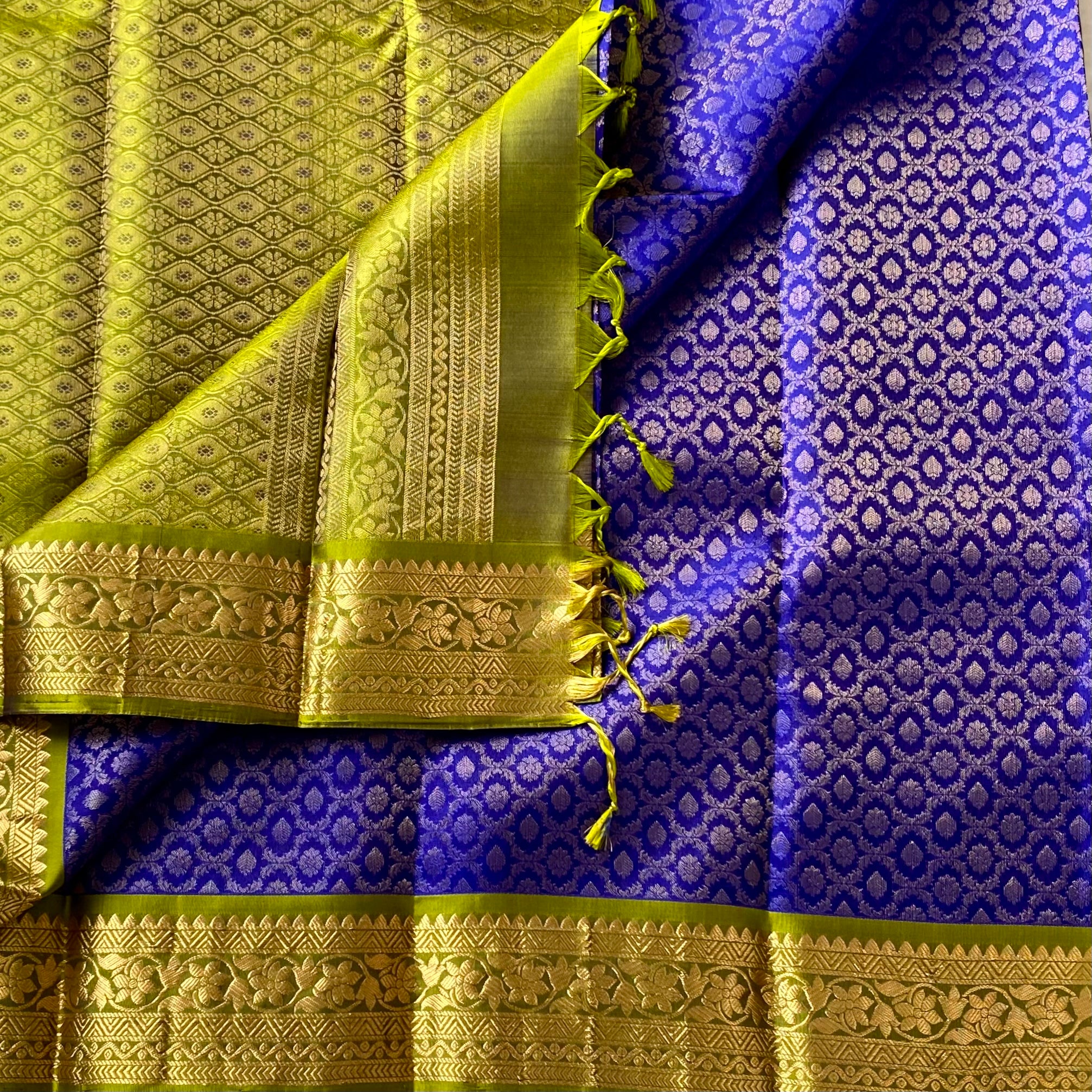 Lime Green Silk Saree Gold Zari Royal Blue Pallu Contrast